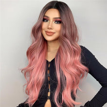 Phocas 24inch Long Pink Wigs for Women Water Wave Wig with Bangs Curly Wig