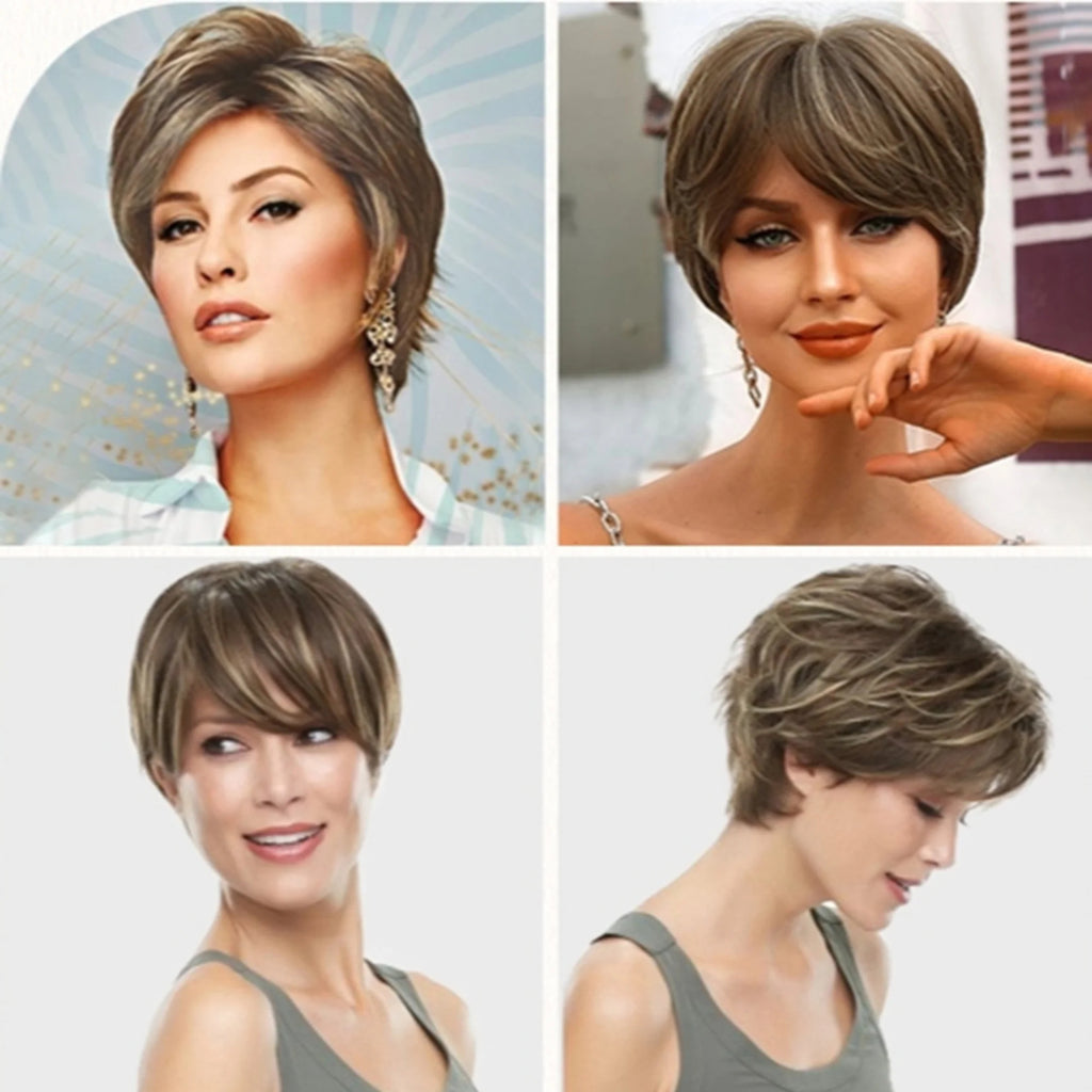 Phocas Short Brown Wigs for Women Highlight Blonde Pixie Cut Wig with Bangs Wefted Wig Caps