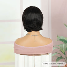 FH 8 Inch Chin Length Bob Wigs  Short Black Layered Wavy Pixie Wigs with Bangs  G04280