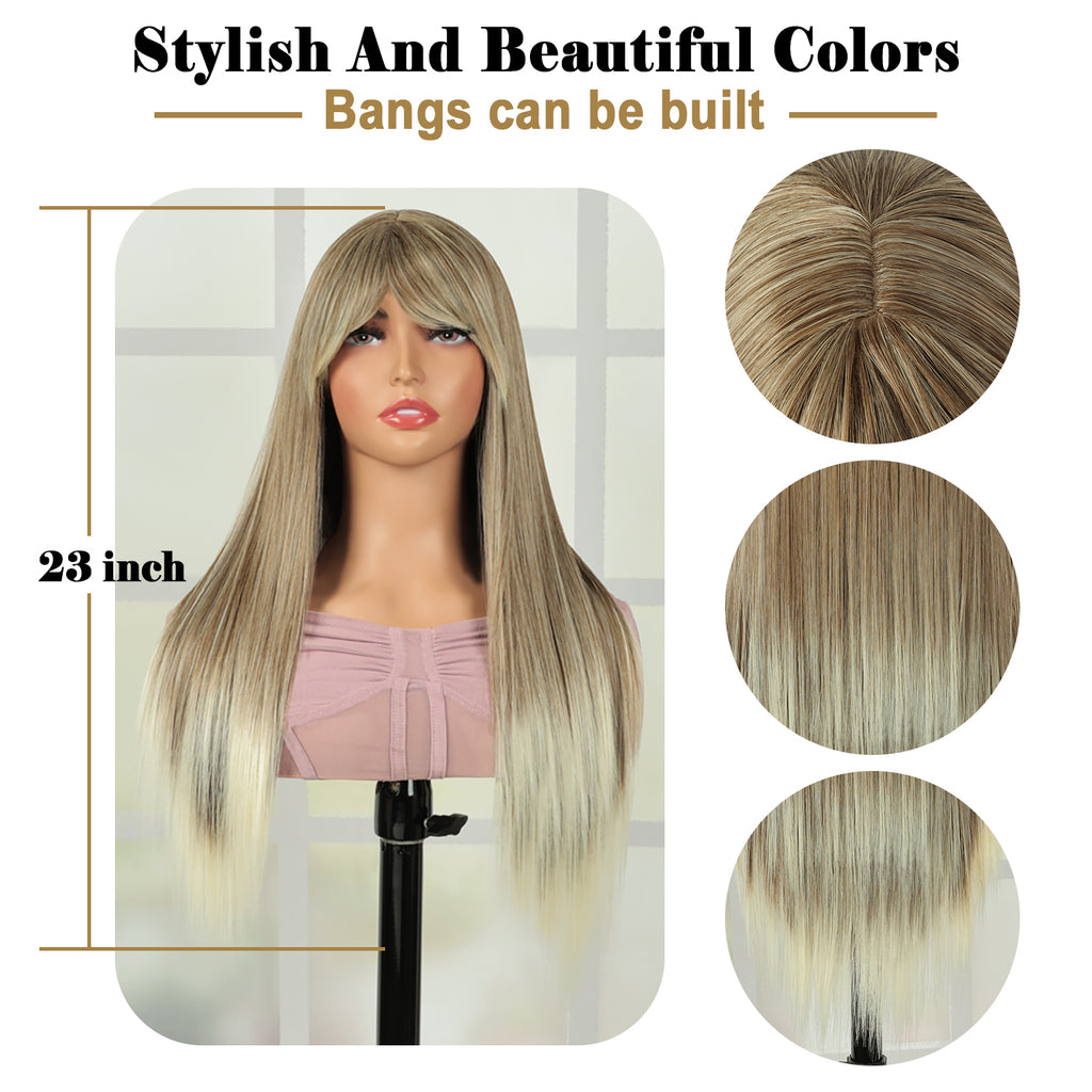 Lakihair 23inch Short Blonde Bob Wigs with Bangs Mix Brown Wigs for Women
