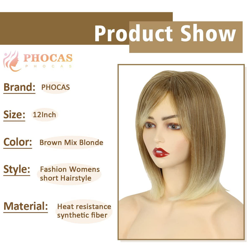 Phocas 12" Short Blonde Bob Wig with Bangs Mixed Brown Wigs for Women Wefted Wig Caps