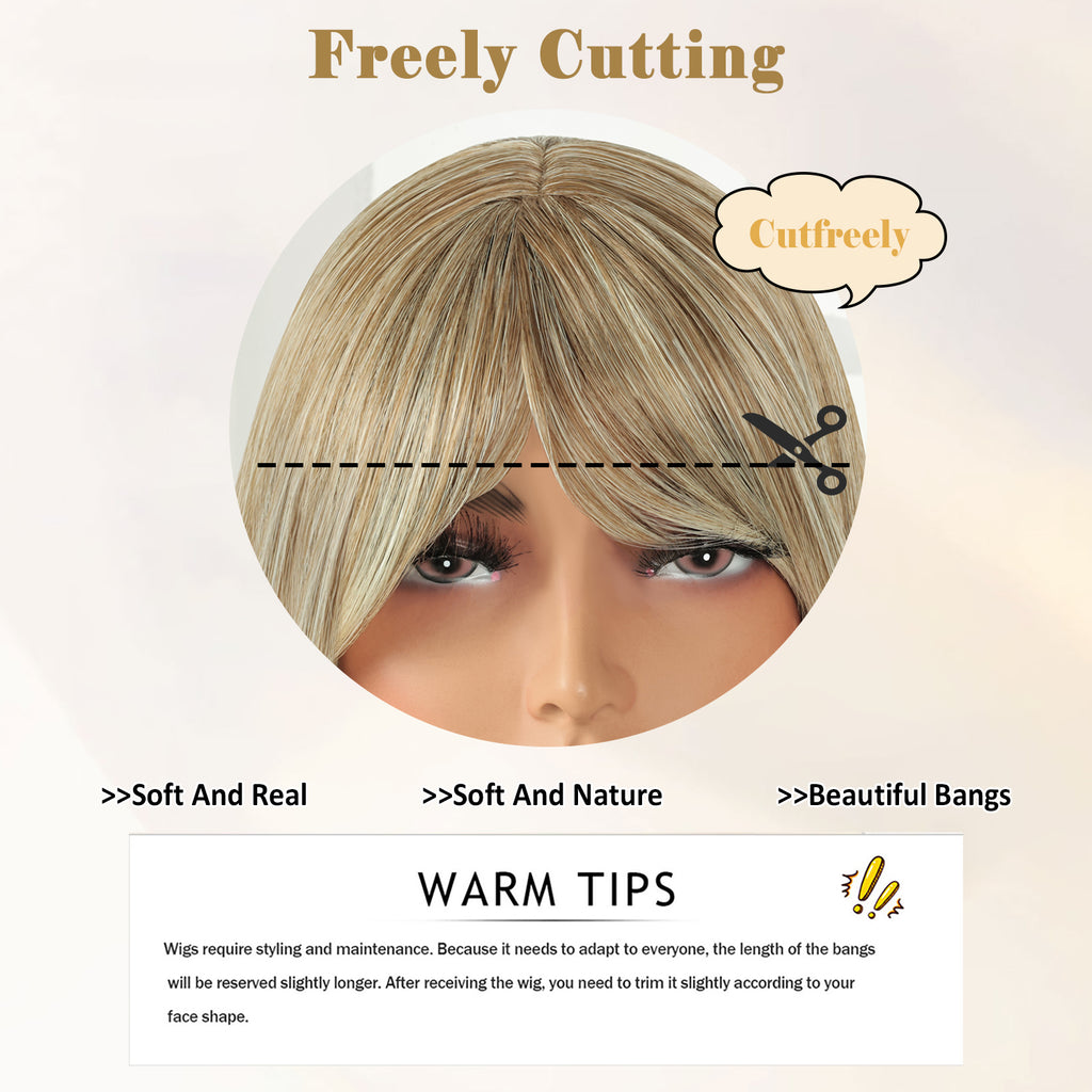 Lakihair 23inch Short Blonde Bob Wigs with Bangs Mix Brown Wigs for Women