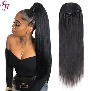 FH natural black #1B 100% indian virgin raw human hair straight drawstring ponytail