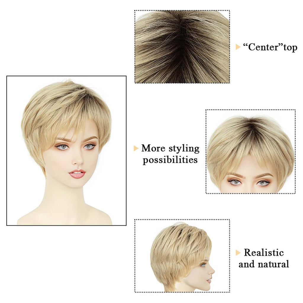 Lakihair Short Blonde Wigs for Women Natural Wave Pixie Cut Wig with Dark Roots
