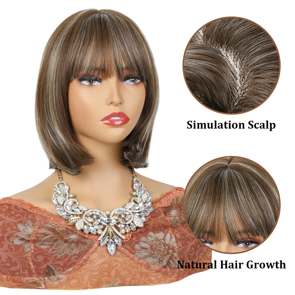 Phocas 10inch Short Brown Wigs for Women Bob Wig with Bangs Highlight Blonde Short Wigs
