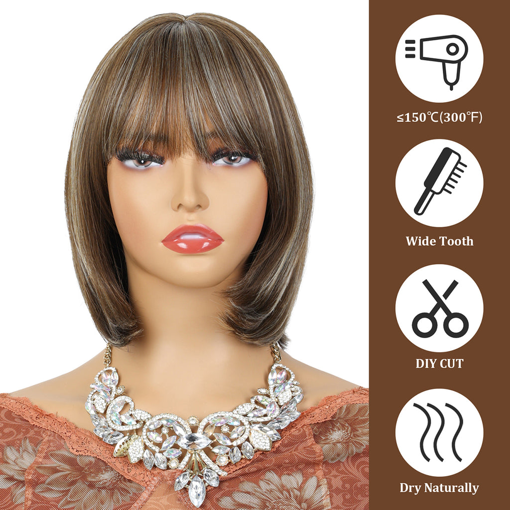 Phocas 10inch Short Brown Wigs for Women Bob Wig with Bangs Highlight Blonde Short Wigs