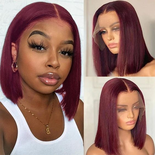 【2FH】 FH Q17205 99J Straight 16 inches Lace Closure Wig Human Hair Burgundy T Part Lace Wigs For Women