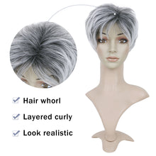 Load image into Gallery viewer, Lakihair Short Grey Wigs for Women Ombre Grey Pixie Cut Wig with Bangs Fluffy Hightlight Short Wigs