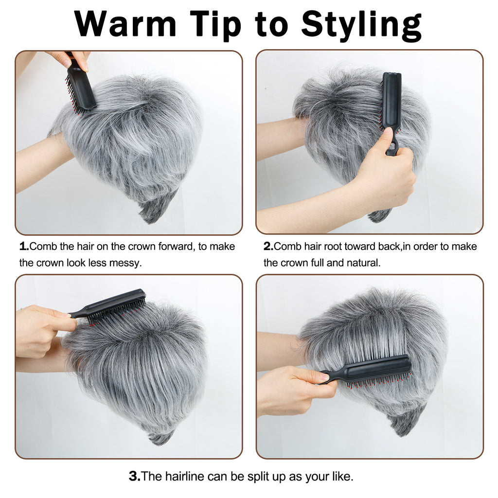 Lakihair Short Grey Wigs for Women Ombre Grey Pixie Cut Wig with Bangs Fluffy Hightlight Short Wigs