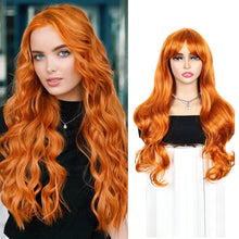 Lakihair 22inch Long Ginger Wigs for Women Curly Wig with Bangs Body Wave Wig