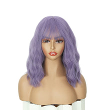 FH P15993K Natural Curly Synthetic Bob Wig with Bangs Purple Breathable Cap Wig