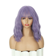 FH P15993K Natural Curly Synthetic Bob Wig with Bangs Purple Breathable Cap Wig
