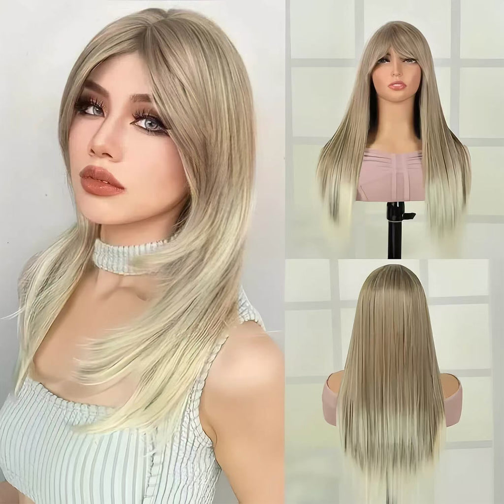 Phocas 23inch Long Blonde Wigs for Women Straight Wig with Bangs Mix Brown
