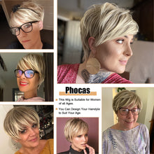 Load image into Gallery viewer, PHOCAS Short Blonde Wigs for Women Highlight Layered Pixie Cut Wig with Bangs