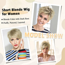 Lakihair Short Blonde Wigs for Women Natural Wave Pixie Cut Wig with Dark Roots