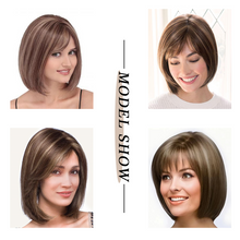 Phocas 10inch Short Brown Wigs for Women Bob Wig with Bangs Highlight Blonde Short Wigs