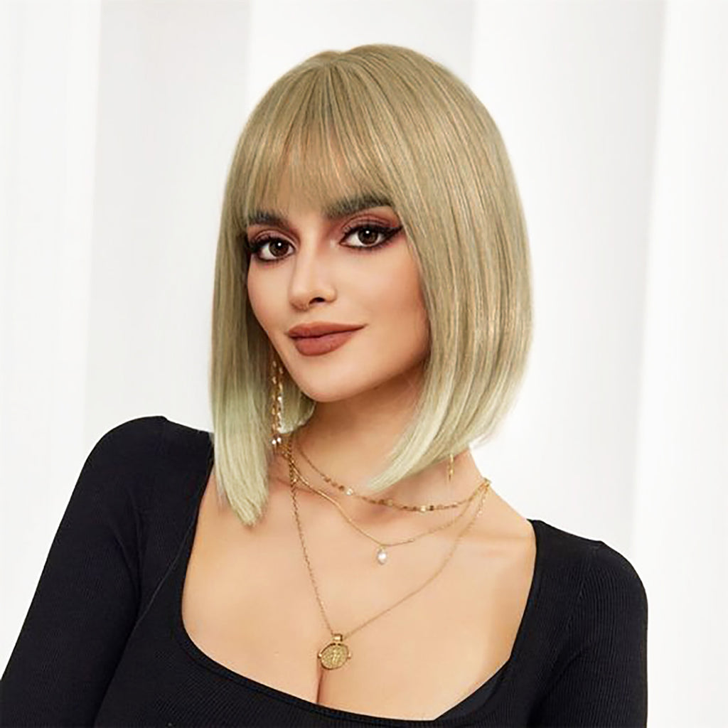 Phocas 12" Short Blonde Bob Wig with Bangs Mixed Brown Wigs for Women Wefted Wig Caps