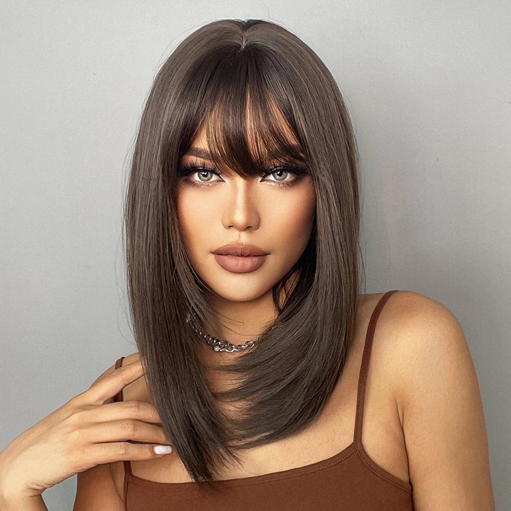 Lakihair 14" Short Brown Bob Wig with Bangs Shoulder Length Straight Bob Wigs for Women Wefted Wig Cap