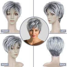 Load image into Gallery viewer, Lakihair Short Grey Wigs for Women Ombre Grey Pixie Cut Wig with Bangs Fluffy Hightlight Short Wigs