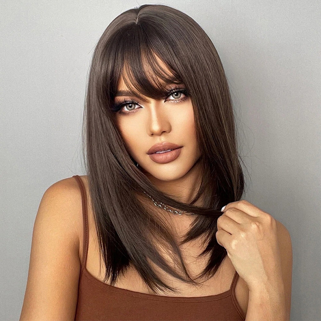 Lakihair 14" Short Brown Bob Wig with Bangs Shoulder Length Straight Bob Wigs for Women Wefted Wig Cap