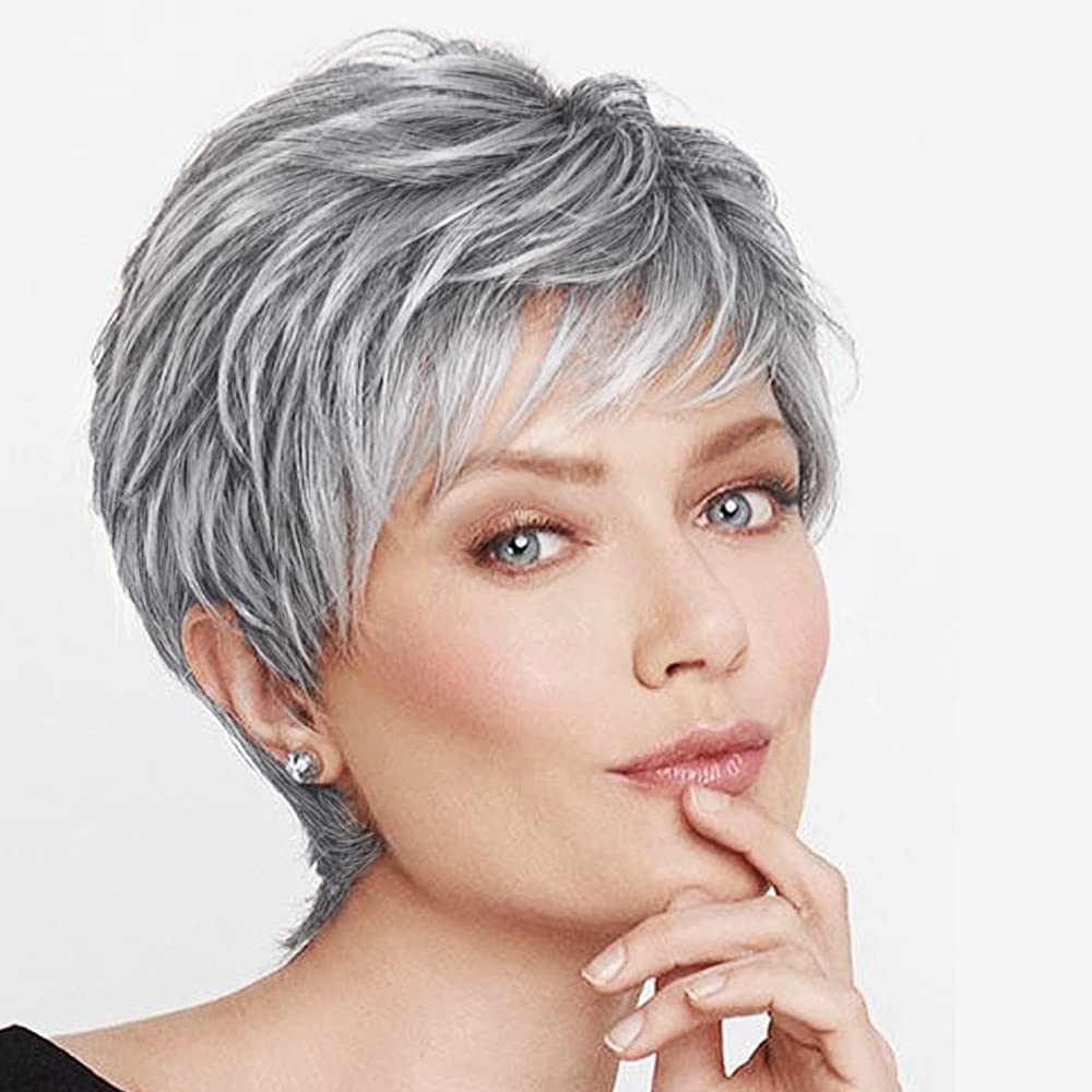 QUEENTAS Short Grey Wigs for Black Women Pixie Cut Wigs with Bang Synthetic Layered Sliver Gray Wig with Dark Roots Wig Cap (Ombre Grey)