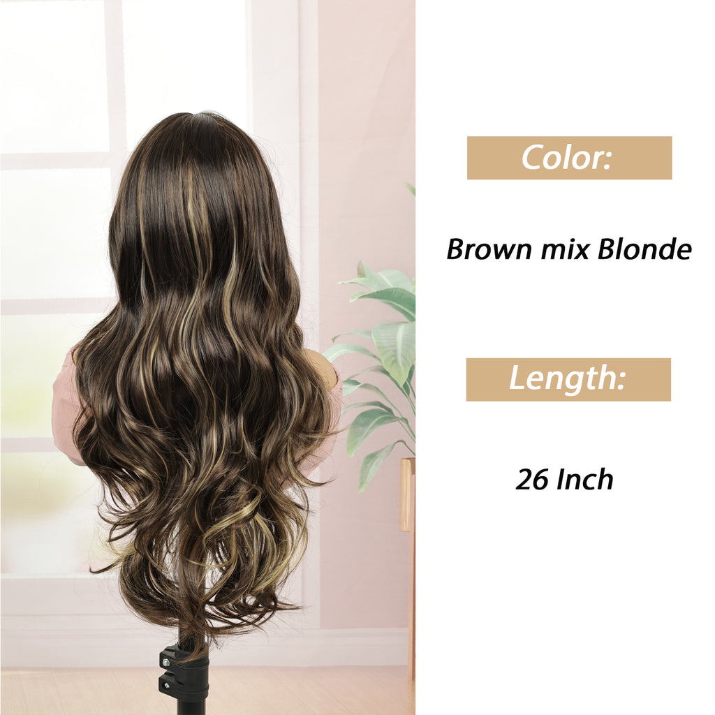 Lakihair 24inch Long Brown Wigs for Women Water Wave Wig Highlight Blonde Wig