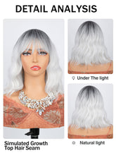 FH P14350 Rose Net Cosplay Bob Wig,Grey White Wavy Synthetic Hair Wig with Bangs
