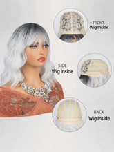 FH P14350 Rose Net Cosplay Bob Wig,Grey White Wavy Synthetic Hair Wig with Bangs