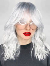 FH P14350 Rose Net Cosplay Bob Wig,Grey White Wavy Synthetic Hair Wig with Bangs