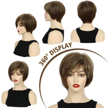 Phocas Short Brown Wigs for Women Highlight Blonde Pixie Cut Wig with Bangs Wefted Wig Caps