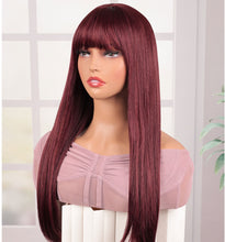 FH P14672 Burgundy 24inch Long Straight Bob Wig Synthetic Hair Rose Net with Bangs