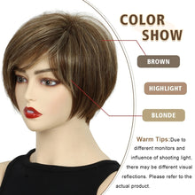 Phocas Short Brown Wigs for Women Highlight Blonde Pixie Cut Wig with Bangs Wefted Wig Caps