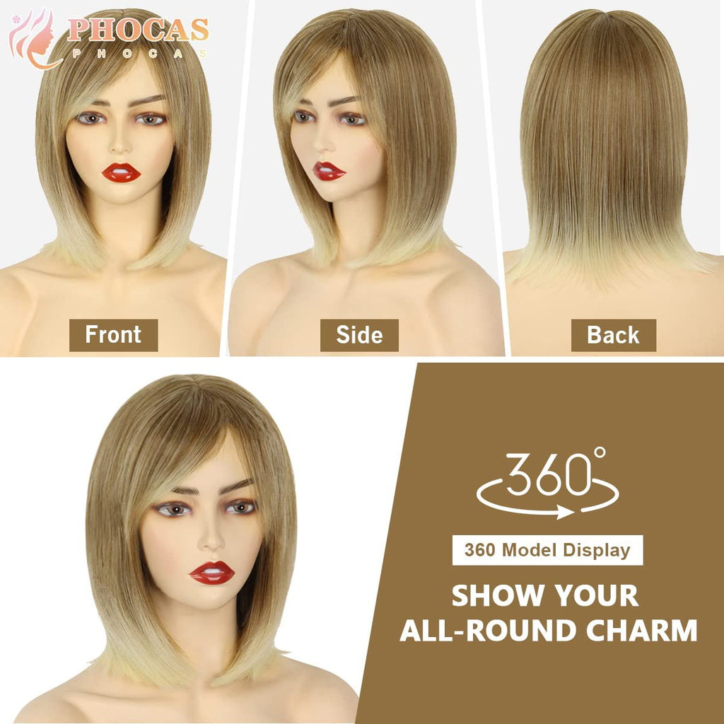 Phocas 12" Short Blonde Bob Wig with Bangs Mixed Brown Wigs for Women Wefted Wig Caps