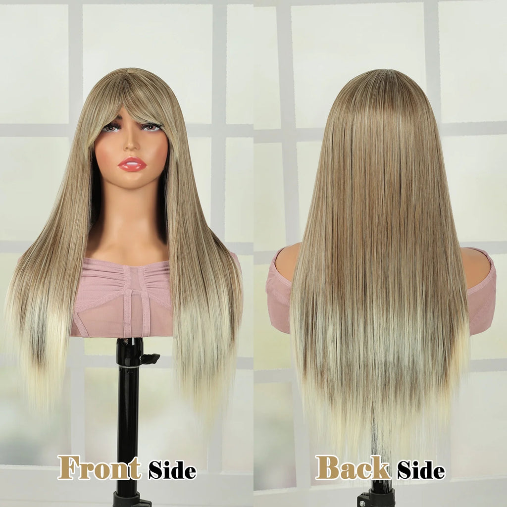 Phocas 23inch Long Blonde Wigs for Women Straight Wig with Bangs Mix Brown