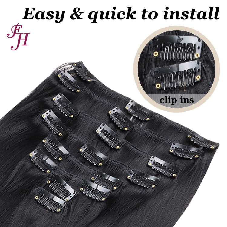 FH jet black #1 human hair clip in hair extension