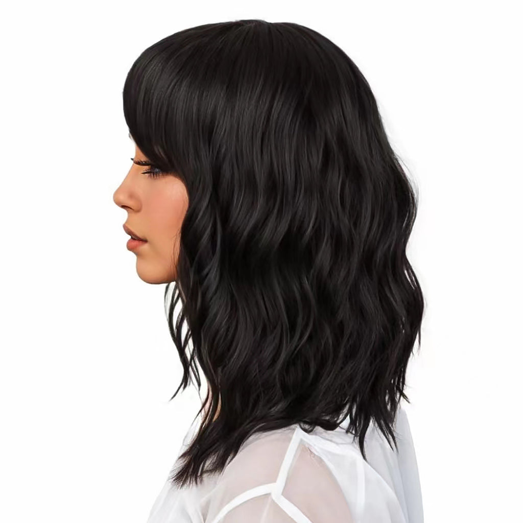 Phocas 12" Short Bob Wigs for Black Women Water Wavy Wig Synthetic Black Wig with Bangs