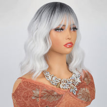 FH P14350 Rose Net Cosplay Bob Wig,Grey White Wavy Synthetic Hair Wig with Bangs