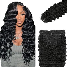 FH Natural Black Hair Extension Clips 16-22 Inch Long Invisible Straight/Deep wave/Deep curly/Water wave/Kinky curly/Kinky straight Thick Human Clip in Extensions Ins 8PCS Easy Installation Fake Soft Hairpieces for Women Weddings Party Daily