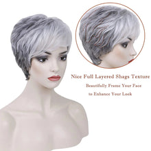 PHOCAS Gray Wigs for Women Synthetic Short Pixie Cut Wigs Wefted Wig Caps Grey Mix Brown
