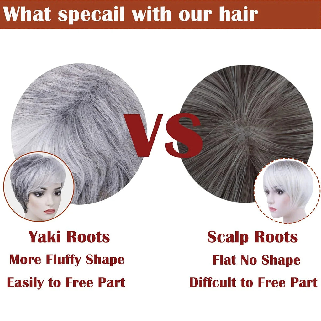 PHOCAS Gray Wigs for Women Synthetic Short Pixie Cut Wigs Wefted Wig Caps Grey Mix Brown