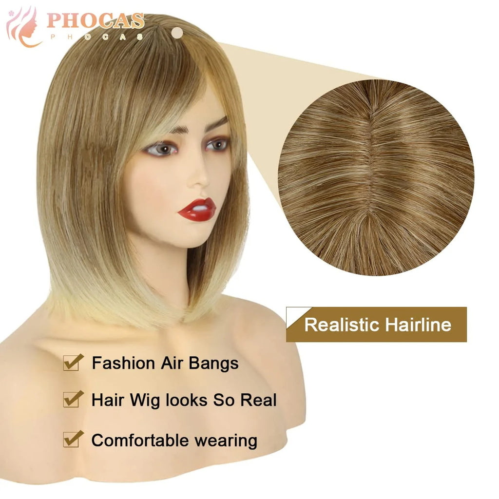 Phocas 12" Short Blonde Bob Wig with Bangs Mixed Brown Wigs for Women Wefted Wig Caps