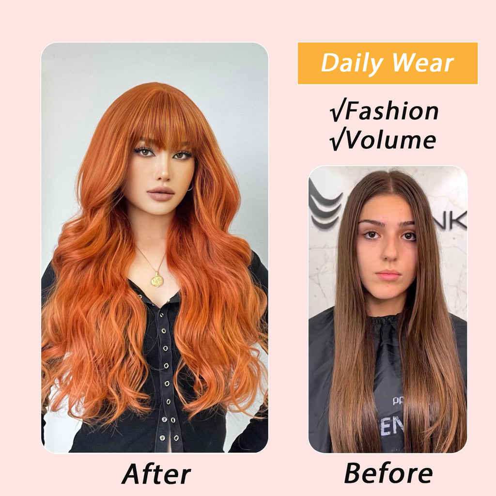 Lakihair 22inch Long Ginger Wigs for Women Curly Wig with Bangs Body Wave Wig
