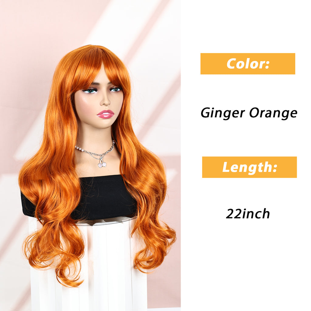 Lakihair 22inch Long Ginger Wigs for Women Curly Wig with Bangs Body Wave Wig