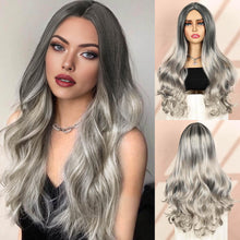 Lakihair 24inch Long Grey Wigs for Women Ombre Black Body Wave Wig