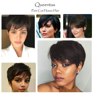 yms✨2PCS 50% OFF✨ Q10269 Short Pixie Cut Wigs for Black Women Human Hair None Lace Layered Black Short hair Pixie Cut Wig with Bangs Natural Black