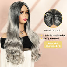 Lakihair 24inch Long Grey Wigs for Women Ombre Black Body Wave Wig