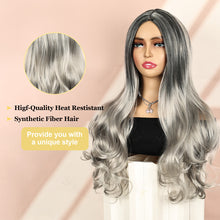 Lakihair 24inch Long Grey Wigs for Women Ombre Black Body Wave Wig