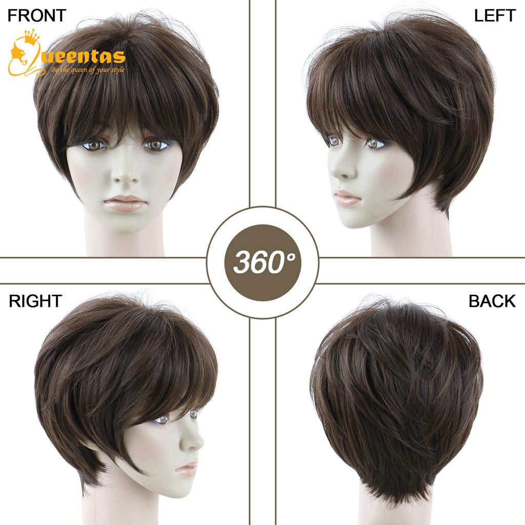 no47 yms✨2PCS 50% OFF✨P13330 Dark Brown Pixie Wigs for Women Short Hair with Bangs Pixie Cut Bob Layered Straight Heat Resistant Synthetic Full Wigs for Black White Women