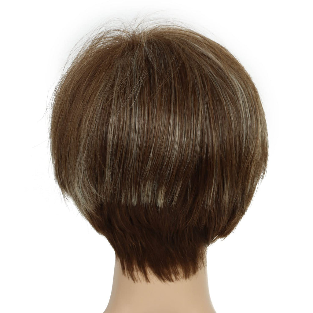no49 yms✨2PCS 50% OFF✨P13888 Short Hair Wigs for Women Brown Pixie Bob Wig Pixie Cut Wig for Women Synthetic Hair Wigs with Bangs Daily or Cosplay (Dark Brown Highlingt Blonde)