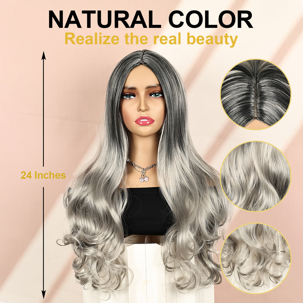 Lakihair 24inch Long Grey Wigs for Women Ombre Black Body Wave Wig